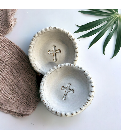 - Ring Dish w/Cross Savannah 4"  - Ceramic Ring Dish with Cross Design  - Three E Designs Ring Dish - Dixie Pottery Ring Dish