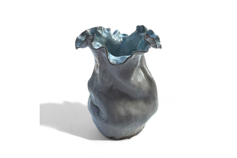 Sak Vase  7" X 6"  Antique White w/Blue Center