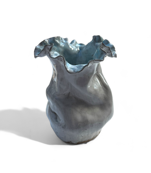 Sak Vase  7" X 6"  Antique White w/Blue Center