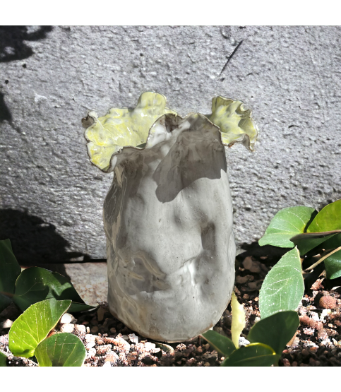 Sak Vase  7" X 6"  Antique White w/Yellow Center