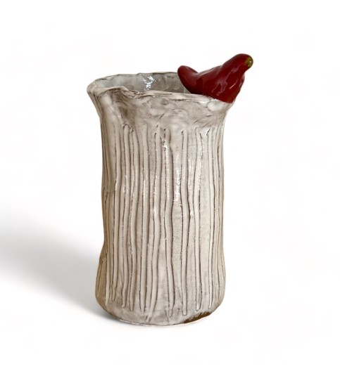 Vase 7" X 6" w/Red Bird