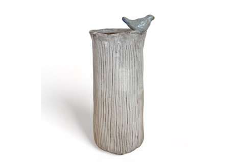 Vase 10" X 7" Antique White w/Bird
