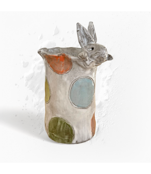 Vase 7" X 6" Bunny Head Top Colorful Dots