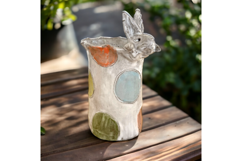 Vase 7" X 6" Bunny Head Top Colorful Dots