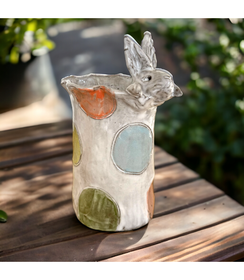 Vase 7" X 6" Bunny Head Top Colorful Dots