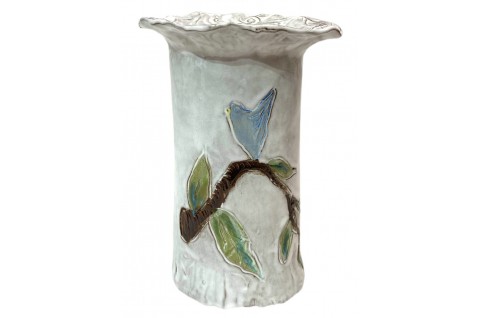 Vase 10" X 7" w/Blue Bird in Tree