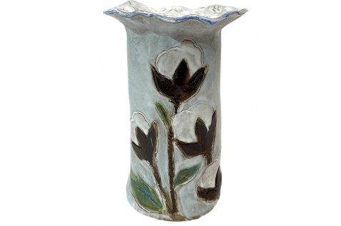 Vase 10" X 7" w/Cotton w/Blue Background