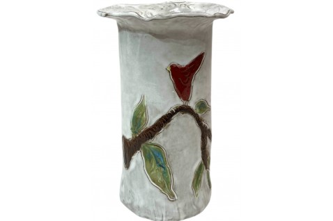 Vase 10" X 7" w/Red Bird in Tree