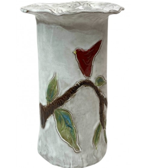 Vase 10" X 7" w/Red Bird in Tree