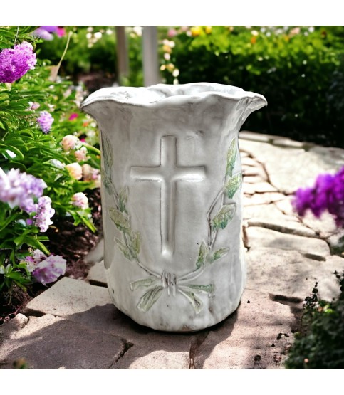 Vase 7" X 6" Cross w/Green Laurel Wreath